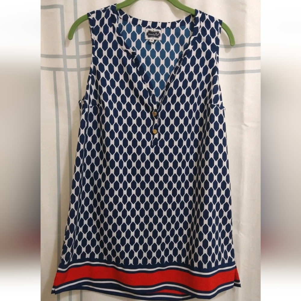 *SOLD* Mud Pie Woman's Medium (8-10) Navy, Red, White Geometric Sleeveless Top